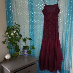 Free People  Intimates Wine Lace Tulle Maxi Sheer Slip Dress